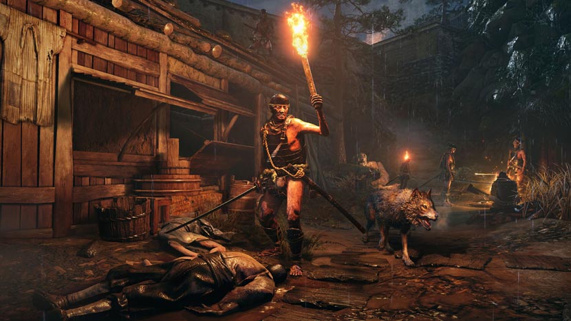 NPC dan anjing serigala sedang mencari Sekiro di kegelapan