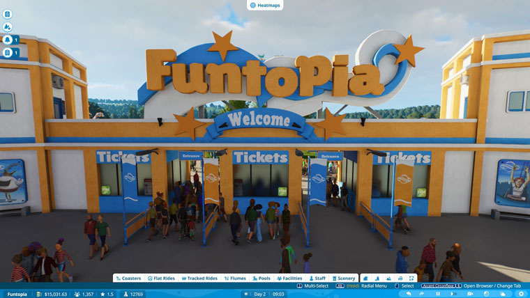 Planet Coaster 2 PC Game Full Version tampilan gerbang theme park funtopia